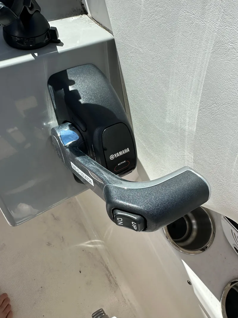 Slide: The Image of Throttle control of a 2015 Robalo R247 Dual Console boat with Yamaha engine. - 29