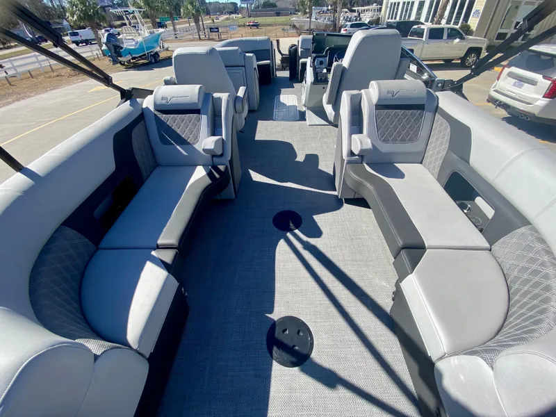Slide: The Image of 2023 Vanderbilt 700T boat interior with spacious seating and modern design. - 8