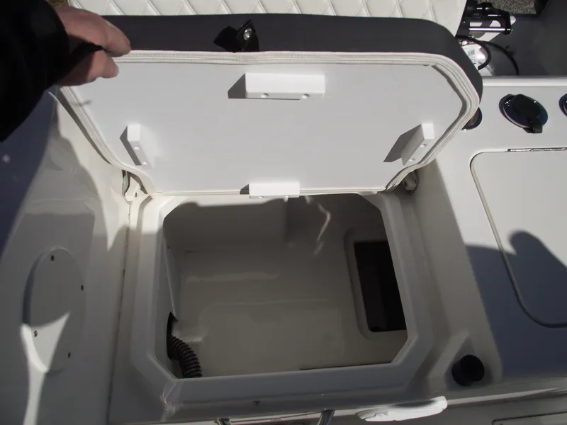 Slide: The Image of 2024 Bayliner CC20 boat seating area with white and black upholstery. - 11