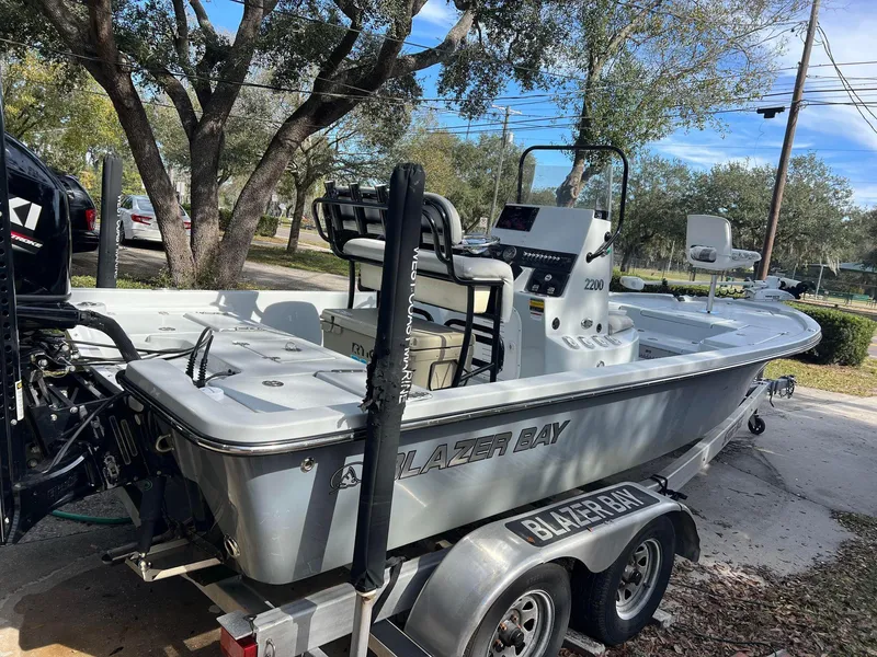 Slide: The Image of 2020 Blazer 2200 Fisherman boat on a trailer, ready for fishing adventures. - 2