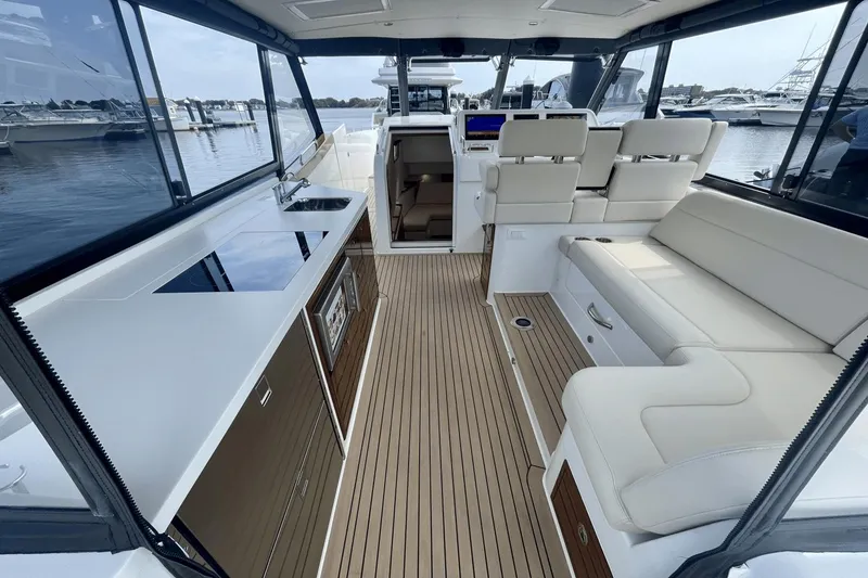 Slide: The Image of Luxurious interior of 2024 MJM 4 yacht with seating and kitchenette. - 6