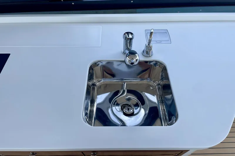 Slide: The Image of Stainless steel sink on 2024 MJM 4 yacht, featuring modern faucet and sleek design. - 9