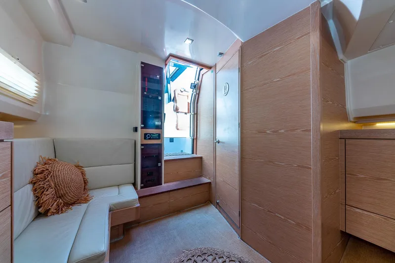 Slide: The Image of Interior of 2017 Fjord 40 Open yacht with modern seating and wooden finishes. - 14