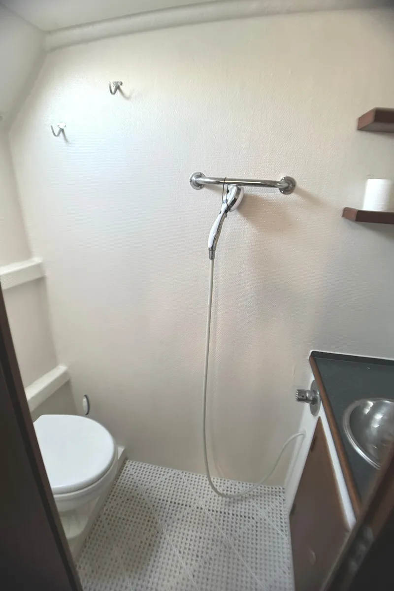 Slide: The Image of Bathroom interior of 1998 Catamaran Vision 51 with shower and toilet. - 13