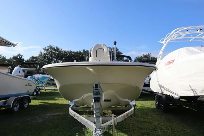 Slide: The Image of 2023 Carolina Skiff 17 LS boat on trailer, front view, outdoor display. - 4