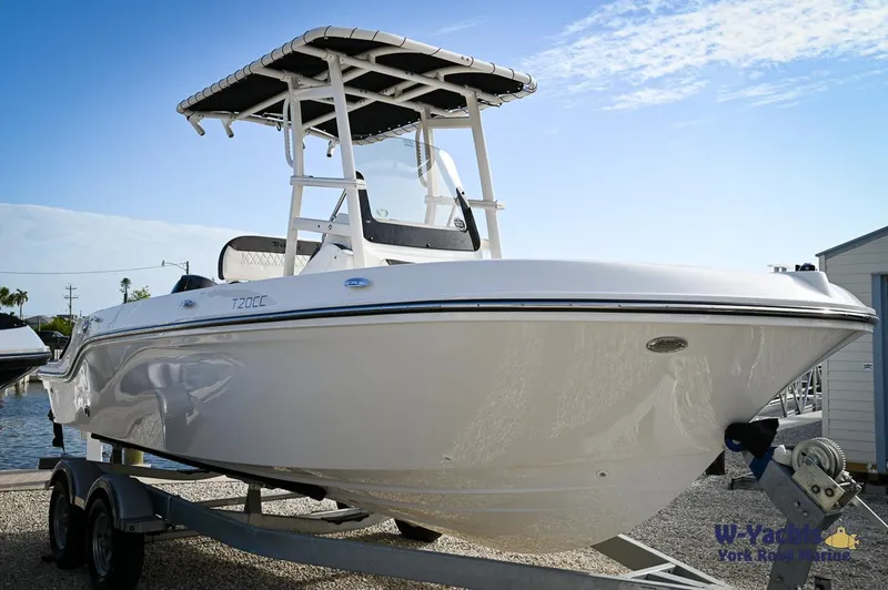 Slide: The Image of 2024 Bayliner T20 boat on trailer, ready for launch. - 2