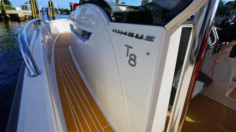 Slide: The Image of 2024 Nimbus Tender 8 boat deck with sleek design and modern features. - 9