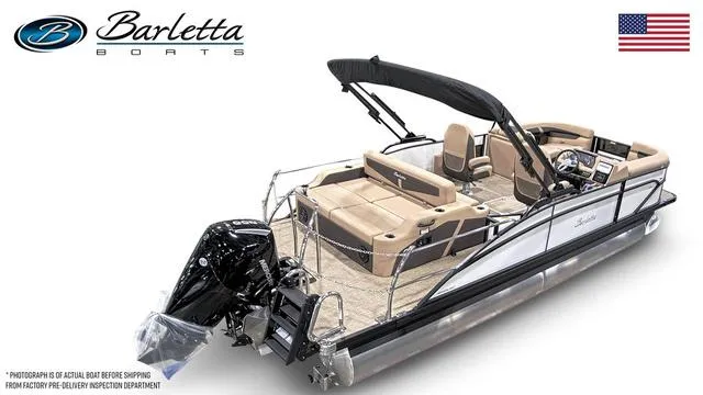 Slide: The Image of 2024 Barletta Boats Cabrio C22UC pontoon boat with tan seating and black canopy. - 4