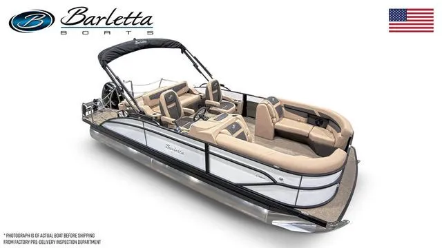 Slide: The Image of 2024 Barletta Boats Cabrio C22UC pontoon boat with beige seating and black canopy. - 5