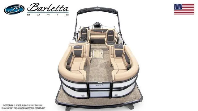 Slide: The Image of 2024 Barletta Boats Cabrio C22UC pontoon boat, top view, beige seating, American flag. - 6