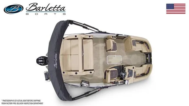 Slide: The Image of 2024 Barletta Boats Cabrio C22UC pontoon boat, top view, beige interior, USA flag. - 7