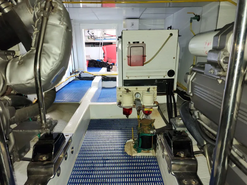 Slide: The Image of Engine room of 2007 Ocean Alexander Veloce yacht, showcasing machinery and equipment. - 34