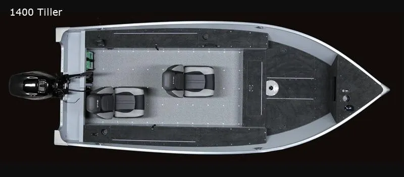 Slide: The Image of 2024 Fury 1400 Tiller boat, top view, featuring dual seats and sleek design. - 2