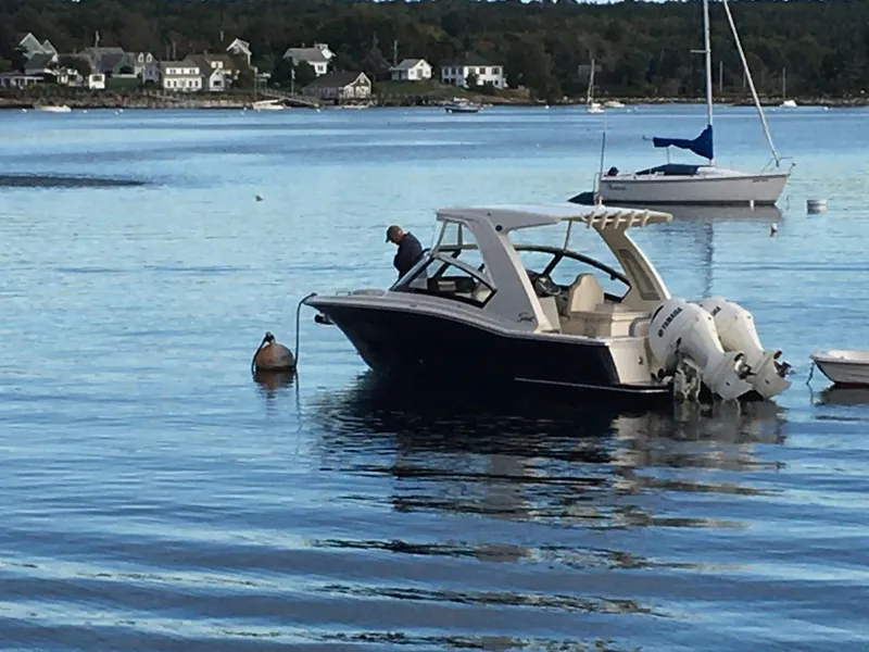 Slide: The Image of 2022 Scout 277 Dorado boat moored on calm water near a coastal village. - 2