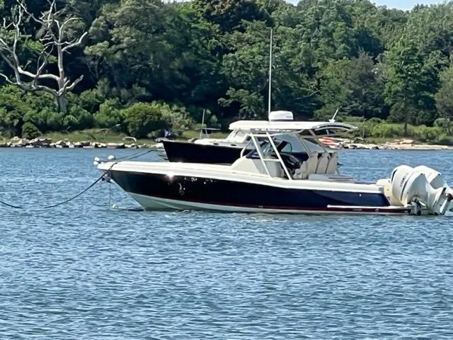 Slide: The Image of 2016 Chris-Craft 34 Catalina boat anchored on a serene lake with lush greenery. - 5