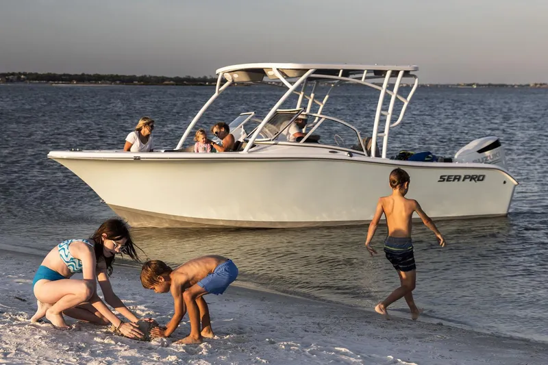 Slide: The Image of 2024 Sea Pro 240 Dual Console boat interior with seating and dashboard, docked outdoors. - 2