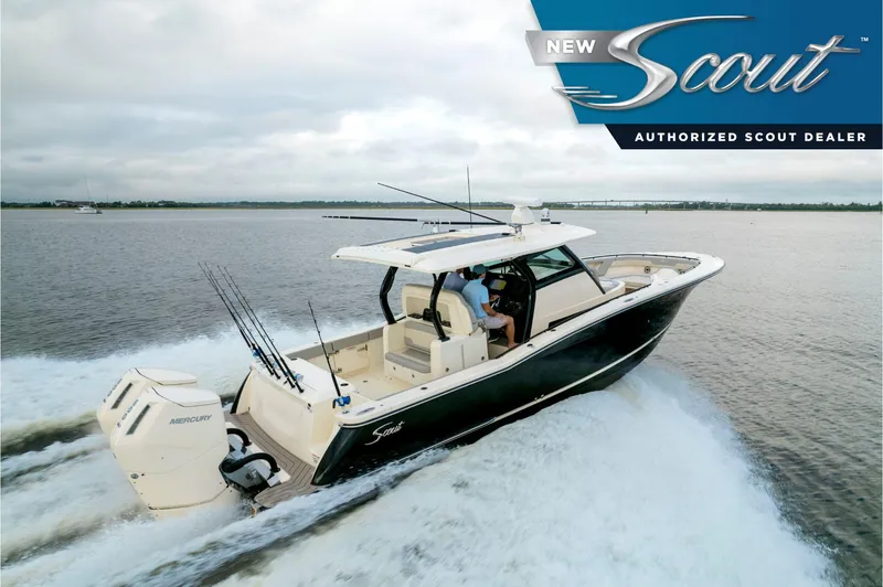 The Image of 2025 Scout 377 LXF boat cruising on water, featuring sleek design and powerful engines. - 0