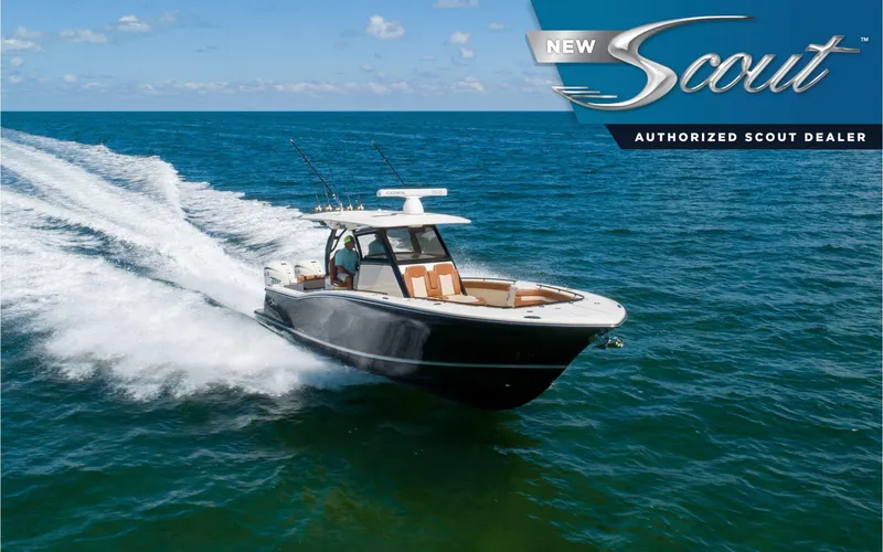 The Image of 2025 Scout 330 LXF boat cruising on open ocean, showcasing sleek design and performance. - 0