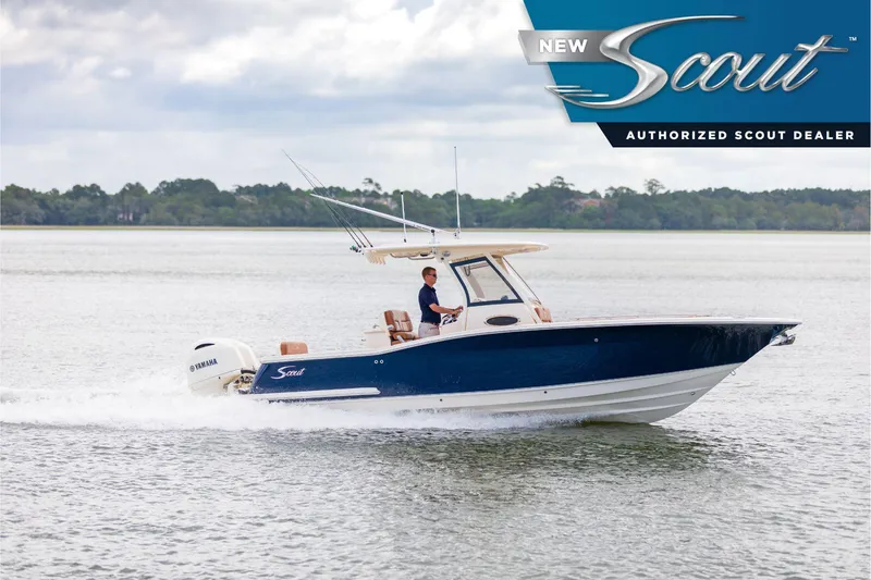 The Image of 2025 Scout 277 LXF boat cruising on water, authorized dealer logo visible. - 0