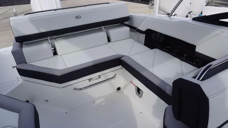 Slide: The Image of 2024 Cobalt R4 boat interior seating with modern design and premium upholstery. - 15