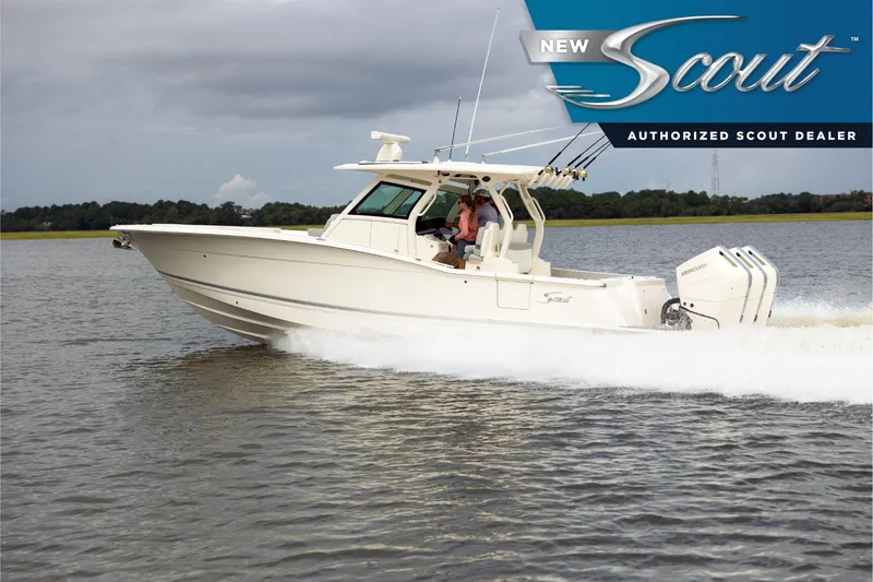 The Image of 2025 Scout 357 LXF boat cruising on a lake, showcasing sleek design and powerful performance. - 0