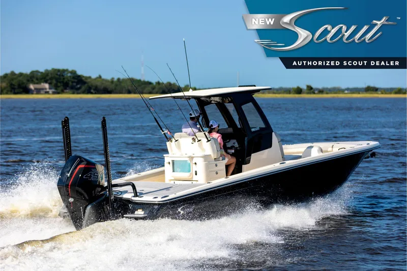The Image of 2025 Scout 281 XSS boat cruising on water, featuring fishing rods and outboard motor. - 0