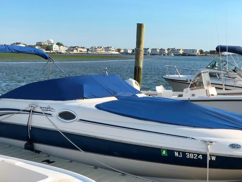 Slide: The Image of 2004 Sea Ray 240 Sundeck boat docked with blue cover, scenic waterfront background. - 2