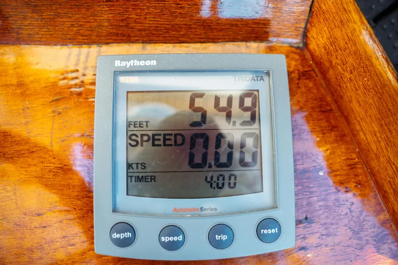 Slide: The Image of Raytheon ST60 Tridata display on 2000 Hinckley Picnic Boat Classic, showing depth and speed. - 33