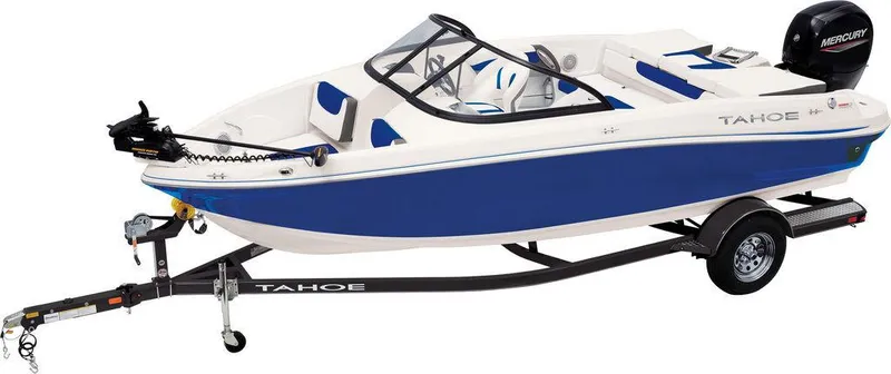 Slide: The Image of 2024 Tahoe 200 S boat on trailer, blue and white design, outboard motor. - 19