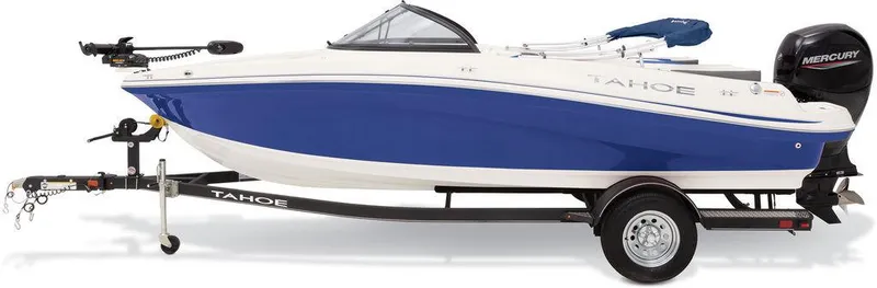 Slide: The Image of 2024 Tahoe 200 S boat on trailer, blue and white design, side view. - 20