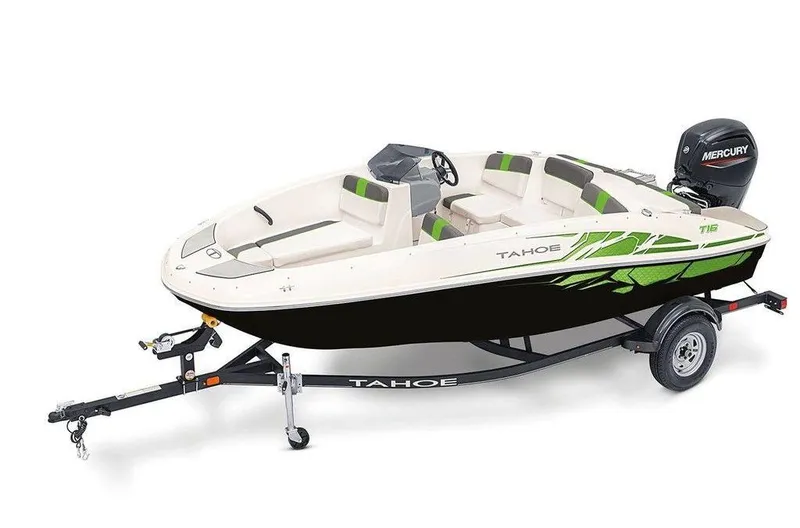 Slide: The Image of 2024 Tahoe T16 boat on trailer, featuring sleek design and green accents. - 3