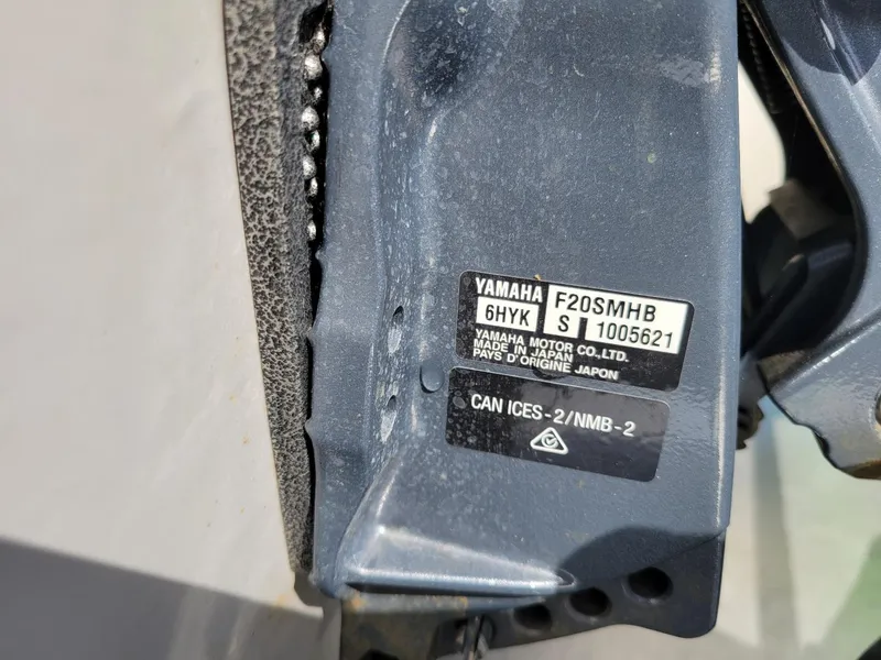 Slide: The Image of Yamaha F20SMHB engine label on Sea Eagle inflatable boat, 2019 model. - 3