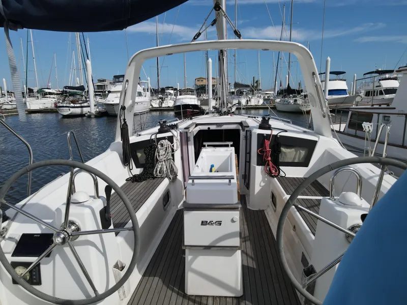 Slide: The Image of 2016 Beneteau Oceanis 35.1 sailboat cockpit with dual steering wheels in a marina. - 5