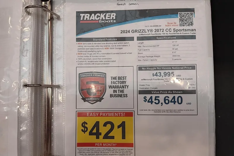Slide: The Image of 2024 Tracker Grizzly 2072 CC Sportsman price sheet with warranty and payment details. - 8