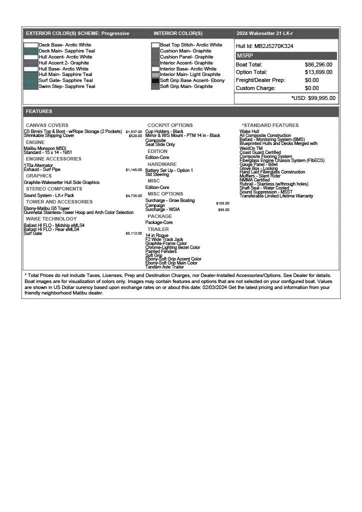 Slide: The Image of 2024 Malibu LX-R features and pricing sheet with color options and standard features. - 41