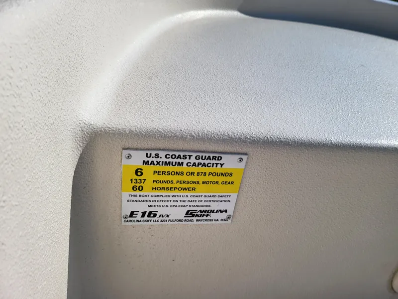 Slide: The Image of 2024 Carolina Skiff E16 JVX TH capacity label, 6 persons or 878 pounds, 60 horsepower. - 15