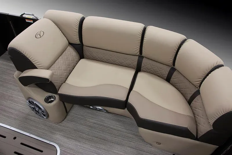 Slide: The Image of 2024 Veranda VP 22VLB boat interior with luxurious tan seating and wood-style flooring. - 4