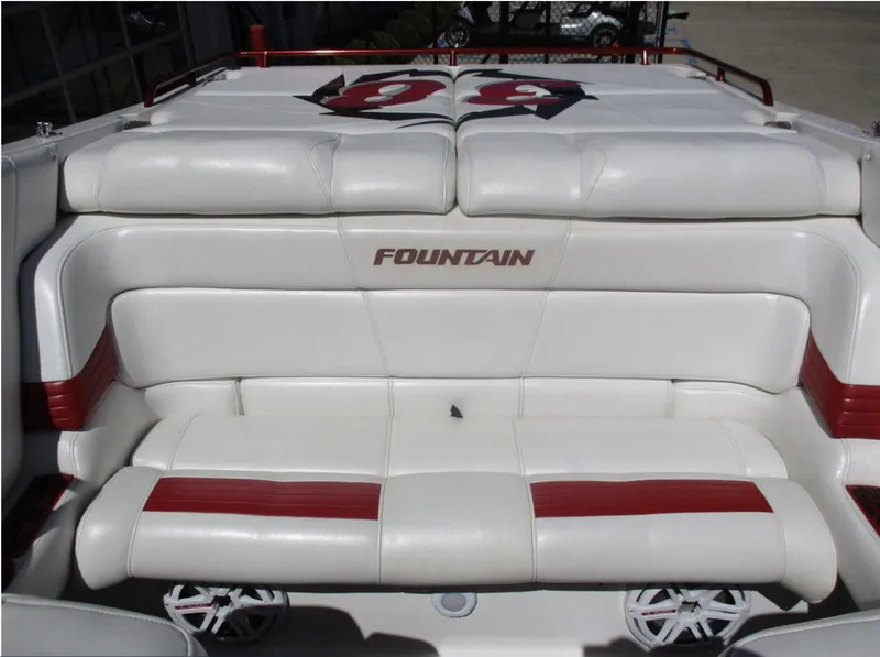 Slide: The Image of 2003 Fountain 38 Lightning boat with white and red leather seating. - 15