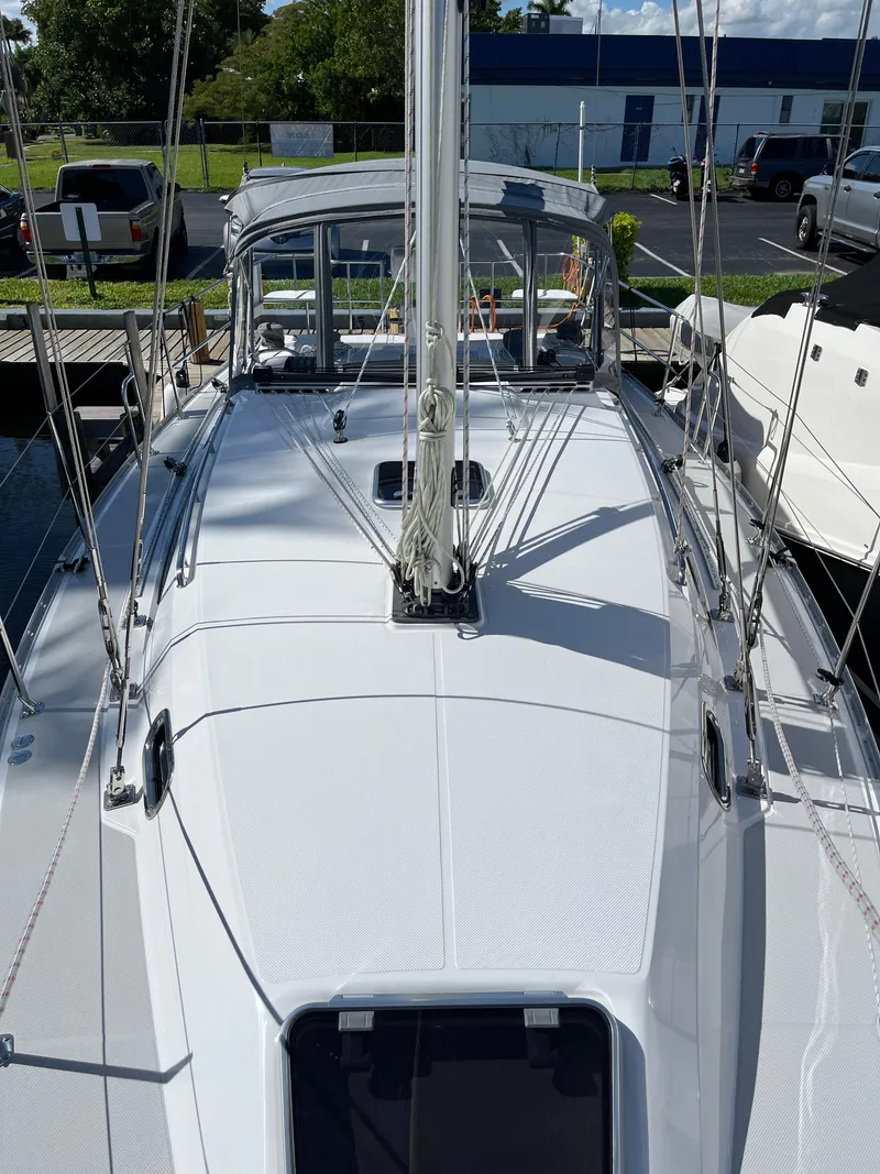 Slide: The Image of 2024 Catalina 355 sailboat deck view with rigging and cockpit. - 6