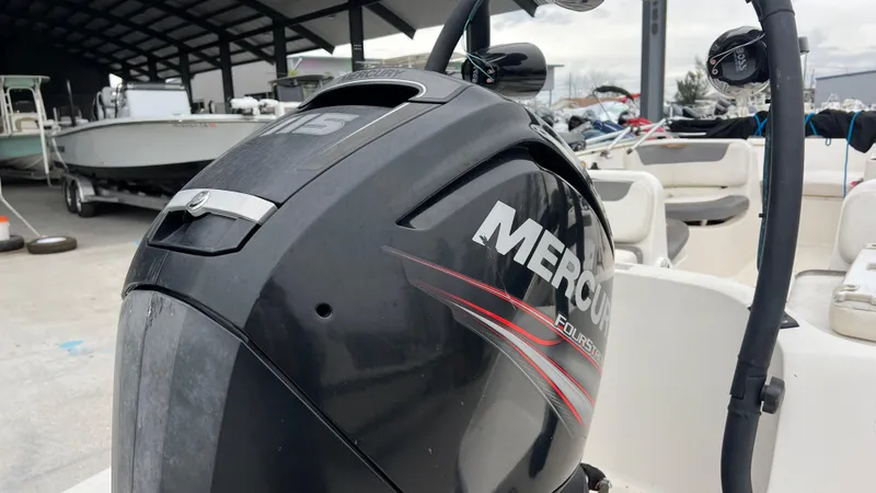 Slide: The Image of 2017 Bayliner Element E 18 with Mercury outboard engine in a marina. - 7