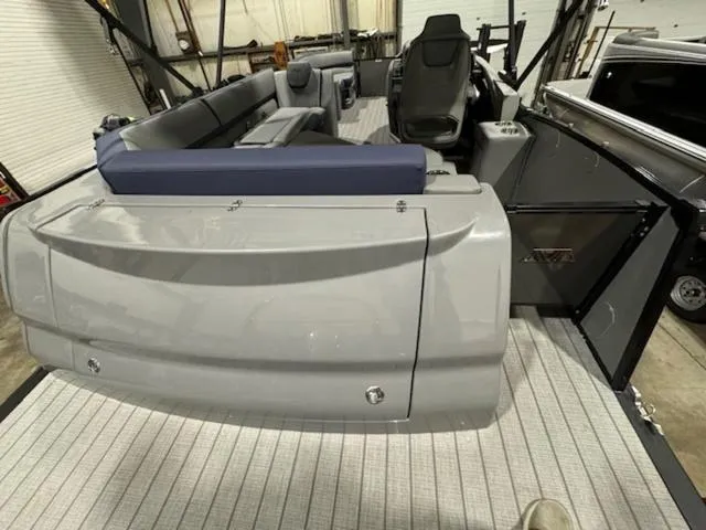 Slide: The Image of 2024 Avalon Catalina Rear J Lounger 23 FT interior with gray seating and flooring. - 19