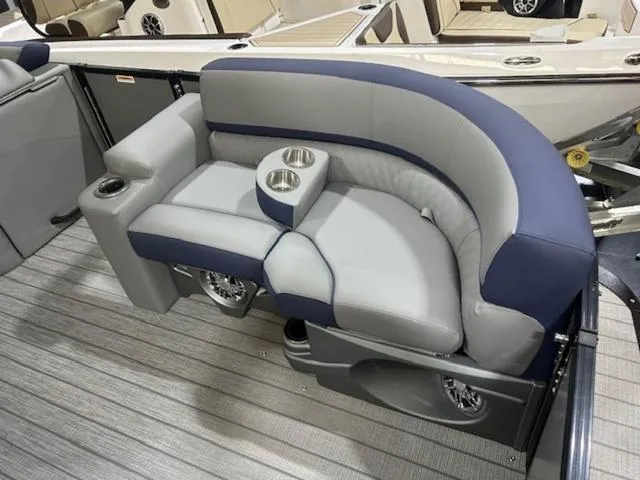 Slide: The Image of 2024 Avalon Catalina Rear J Lounger 23 FT interior with seating and canopy. - 30