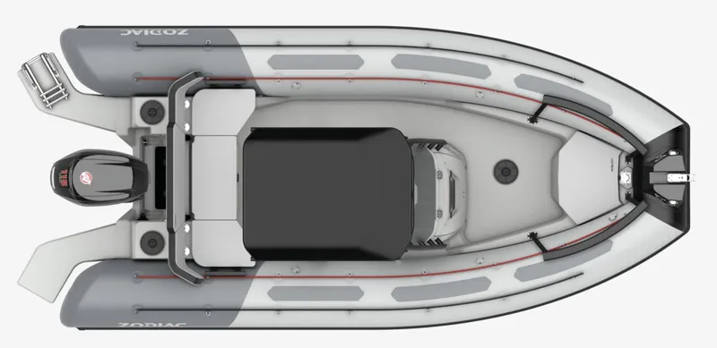 Slide: The Image of 2024 Zodiac Open 5.5 boat, top view, grey and black design, outboard motor. - 4
