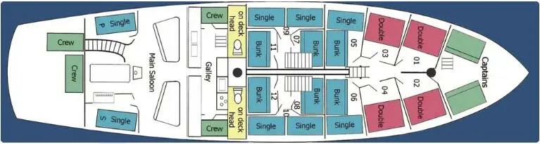 Slide: The Image of Deck layout of 1962 Gamage Coastal Gaff Rigged Schooner with cabins and main saloon. - 11