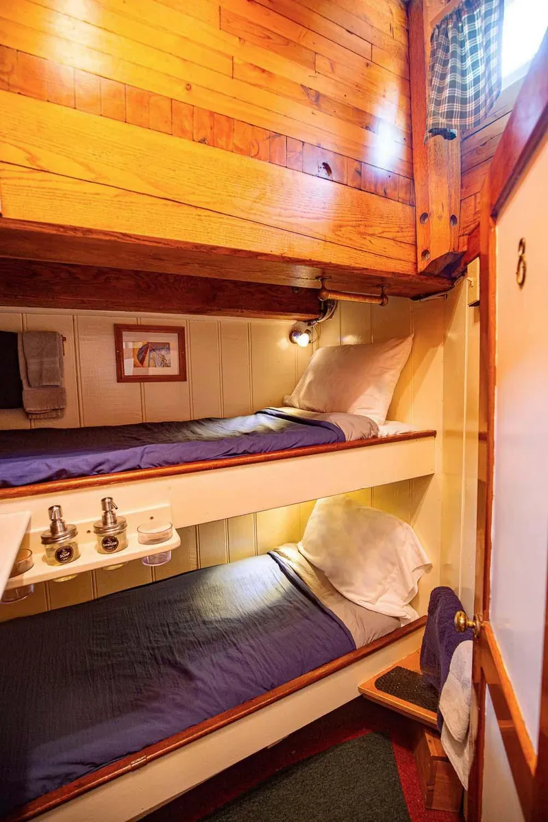 Slide: The Image of Cozy wooden cabin with bunk beds on 1962 Gamage Coastal Gaff Rigged Schooner. - 39