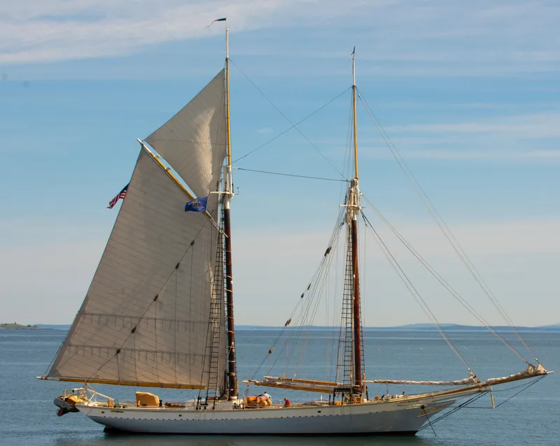 Slide: The Image of Gamage Coastal Gaff Rigged Schooner, 1962, sailing on calm waters under clear skies. - 45