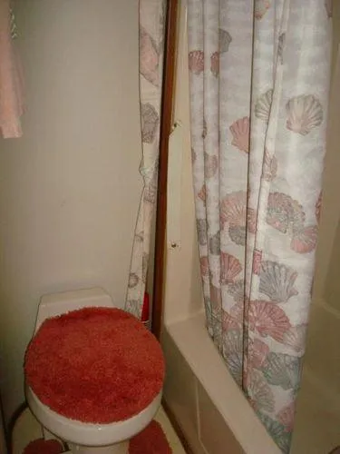 Slide: The Image of Bathroom with seashell shower curtain and red toilet cover on 1988 Chris-Craft Constellation. - 49