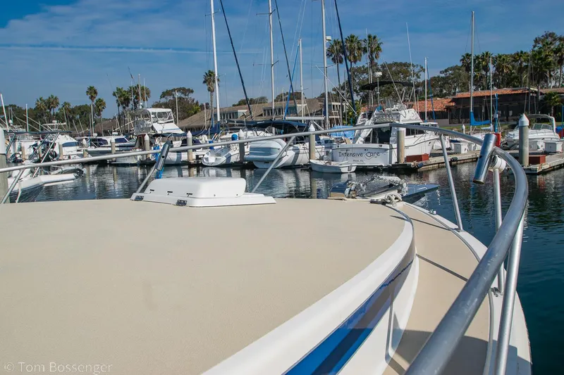 Slide: The Image of 1976 Bertram 35 Convertible yacht docked in a marina with sailboats and palm trees. - 5