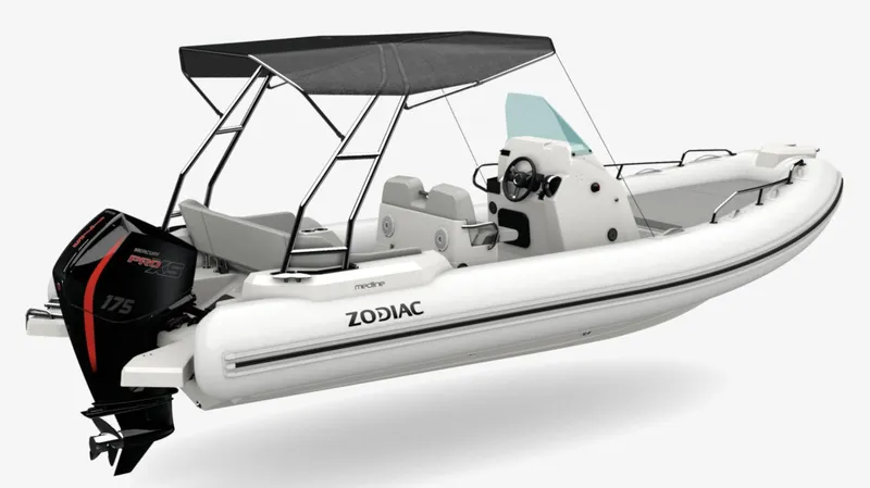 Slide: The Image of 2024 Zodiac Medline 6.8 inflatable boat with canopy and outboard motor. - 3
