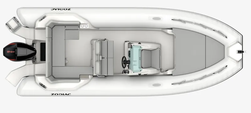 Slide: The Image of 2024 Zodiac Medline 6.8 boat, top view, white and gray design, outboard motor. - 5